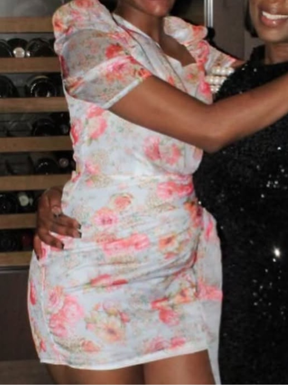 Floral Puff-Sleeve Bodycon Dress in Pink and White